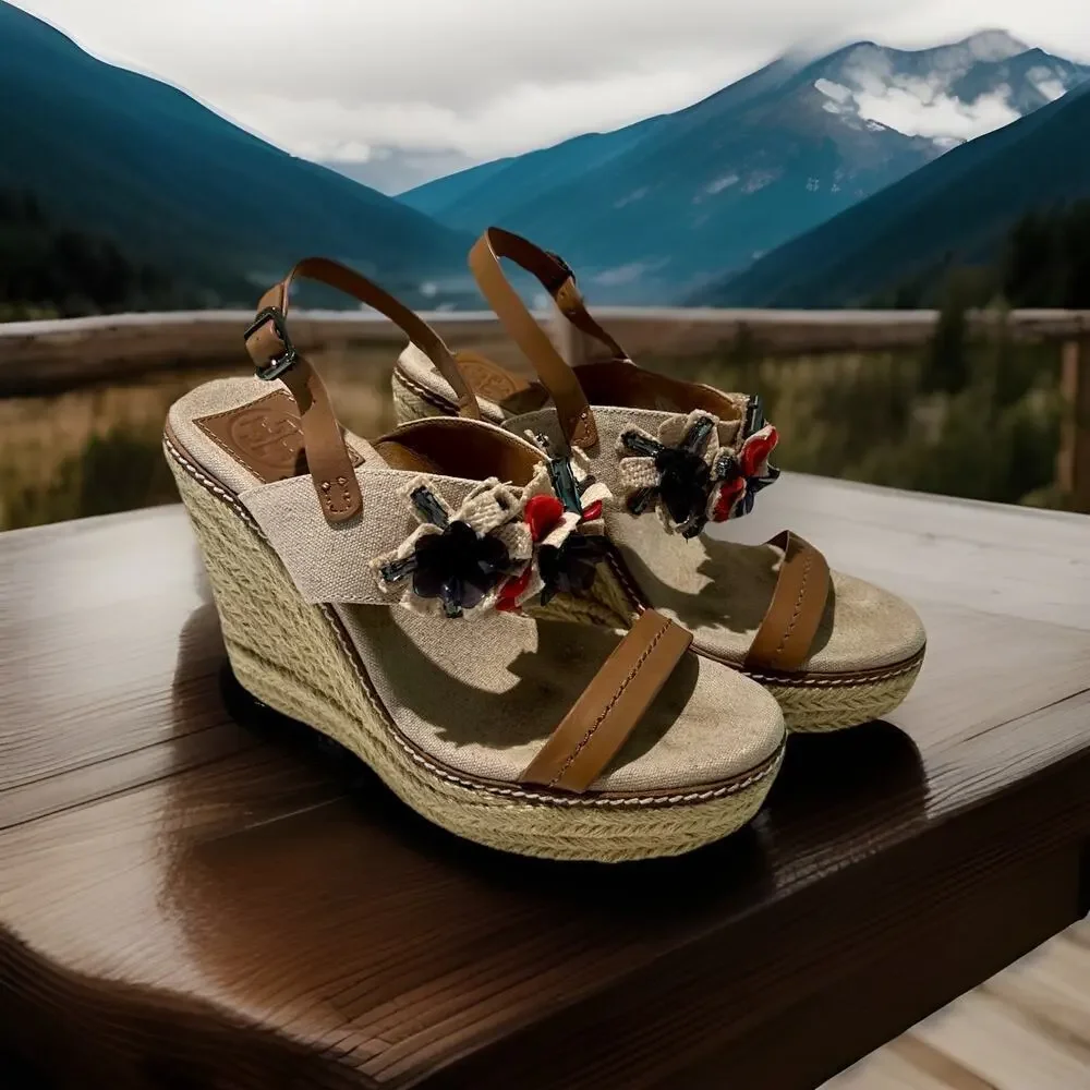Tory Burch Canvas Leather Espadrille Wedge Sandal Size 8M Beige Brown